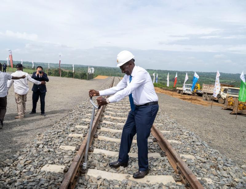 File image of President William Ruto breaking ground for the SGR extension from Naivasha to Malaba.
